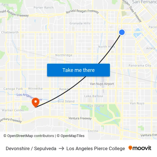 Devonshire / Sepulveda to Los Angeles Pierce College map
