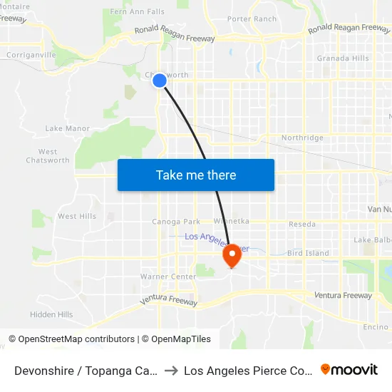 Devonshire / Topanga Canyon to Los Angeles Pierce College map