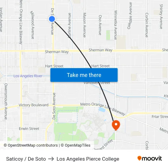 Saticoy / De Soto to Los Angeles Pierce College map
