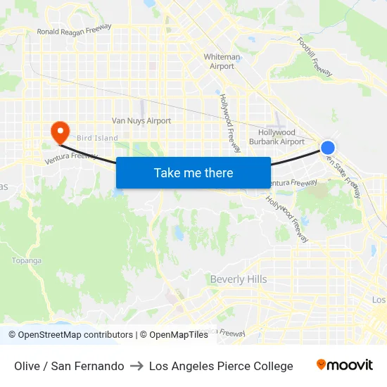 Olive / San Fernando to Los Angeles Pierce College map