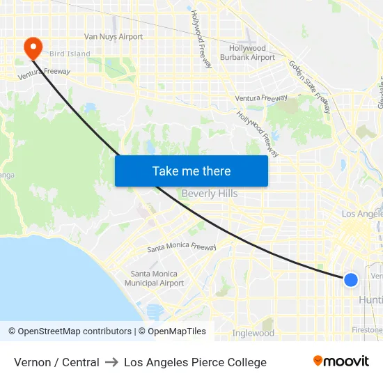 Vernon / Central to Los Angeles Pierce College map
