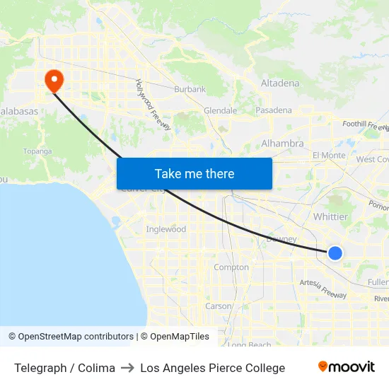 Telegraph / Colima to Los Angeles Pierce College map