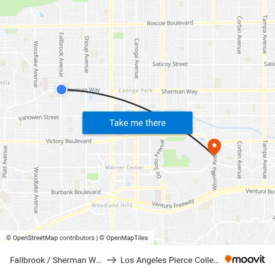 Fallbrook / Sherman Way to Los Angeles Pierce College map