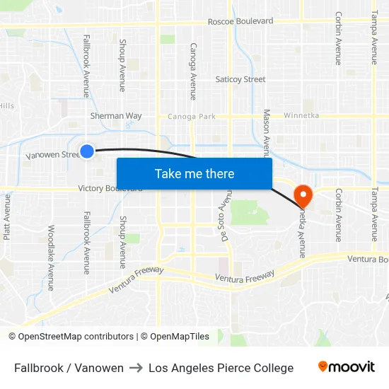 Fallbrook / Vanowen to Los Angeles Pierce College map