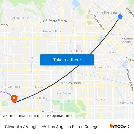 Glenoaks / Vaughn to Los Angeles Pierce College map