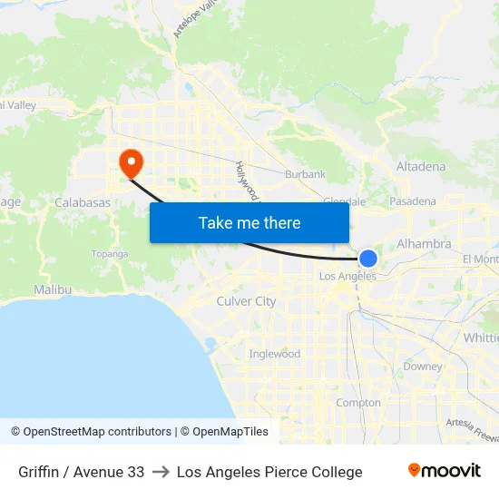Griffin / Avenue 33 to Los Angeles Pierce College map