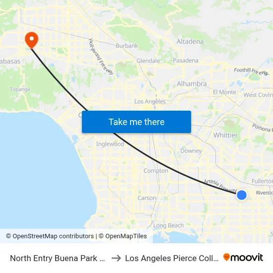 North Entry Buena Park Mall to Los Angeles Pierce College map