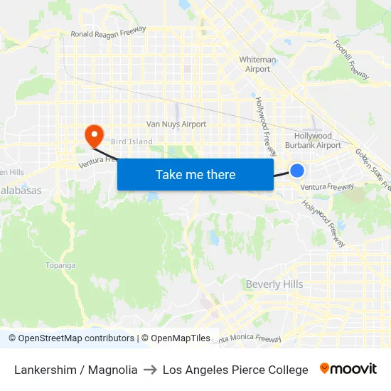 Lankershim / Magnolia to Los Angeles Pierce College map