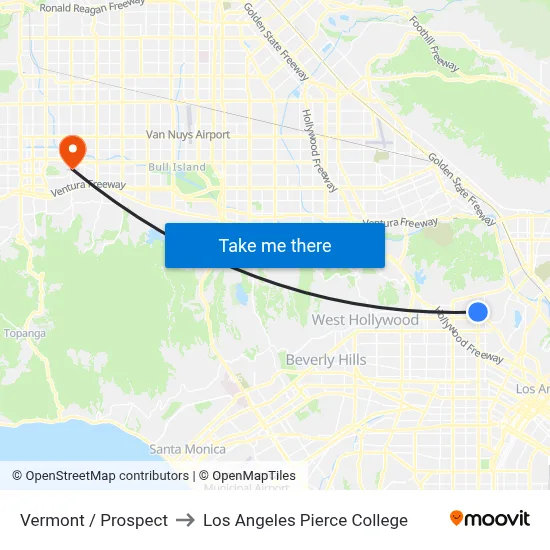 Vermont / Prospect to Los Angeles Pierce College map