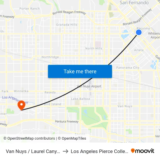 Van Nuys / Laurel Canyon to Los Angeles Pierce College map