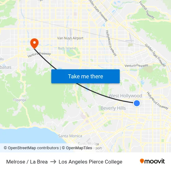 Melrose / La Brea to Los Angeles Pierce College map