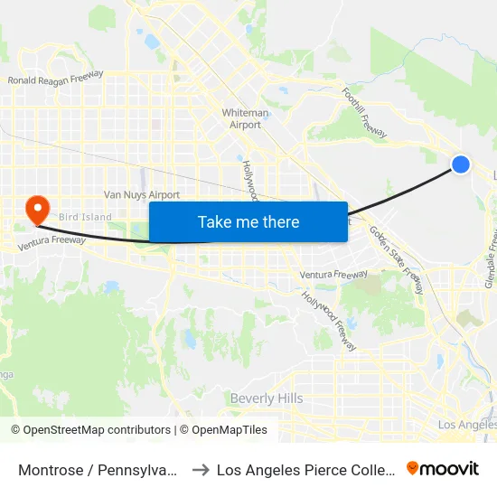 Montrose / Pennsylvania to Los Angeles Pierce College map