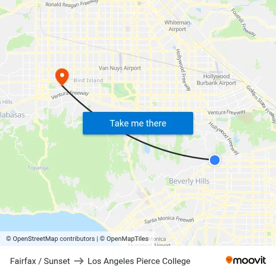 Fairfax / Sunset to Los Angeles Pierce College map