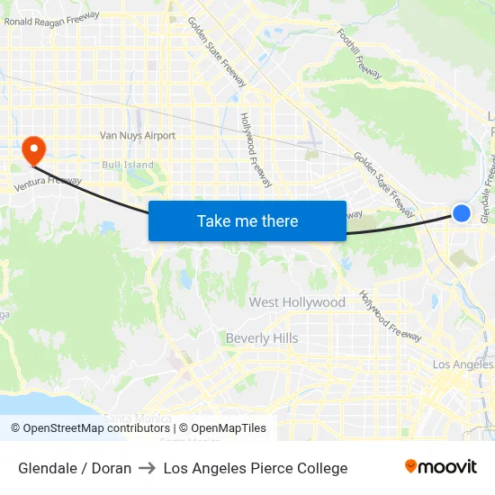 Glendale / Doran to Los Angeles Pierce College map