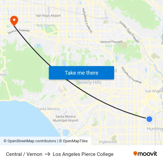 Central / Vernon to Los Angeles Pierce College map