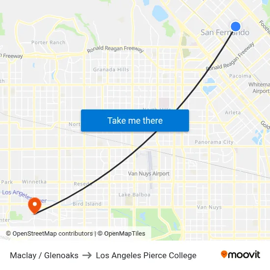 Maclay / Glenoaks to Los Angeles Pierce College map