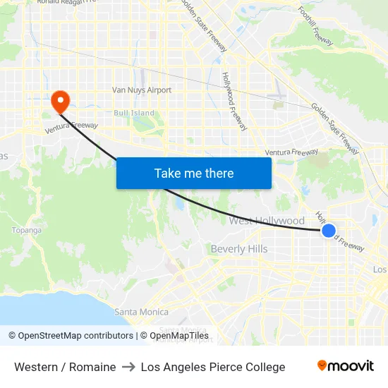 Western / Romaine to Los Angeles Pierce College map