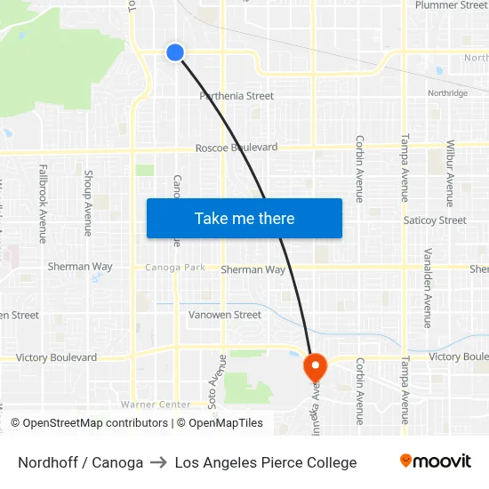 Nordhoff / Canoga to Los Angeles Pierce College map
