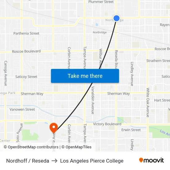 Nordhoff / Reseda to Los Angeles Pierce College map