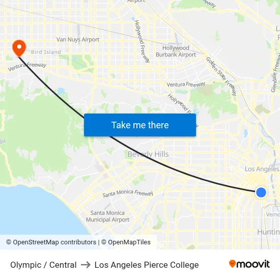 Olympic / Central to Los Angeles Pierce College map