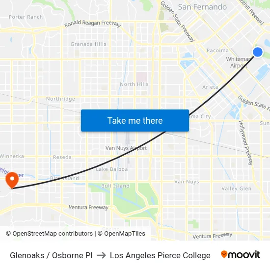 Glenoaks / Osborne Pl to Los Angeles Pierce College map