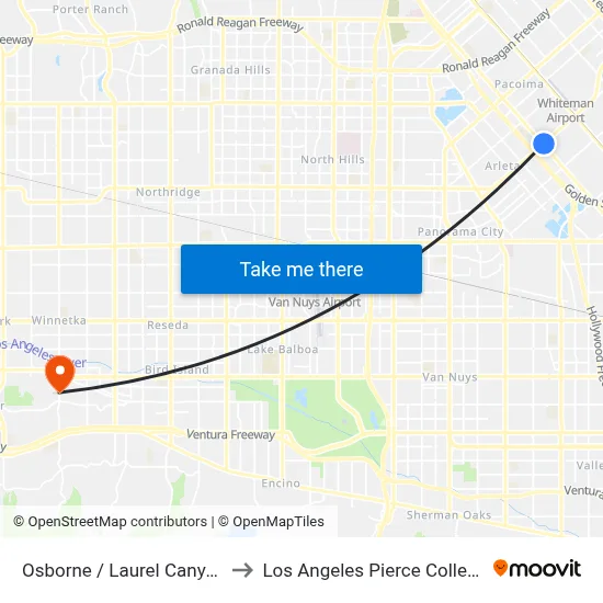 Osborne / Laurel Canyon to Los Angeles Pierce College map