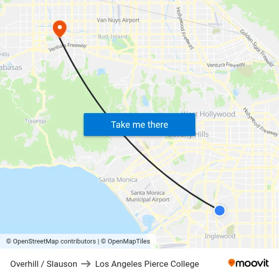 Overhill / Slauson to Los Angeles Pierce College map