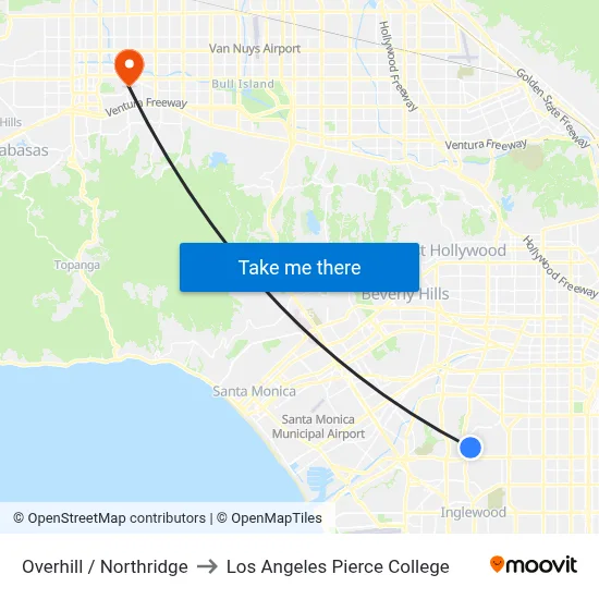 Overhill / Northridge to Los Angeles Pierce College map