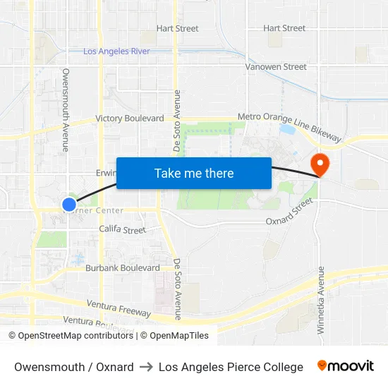 Owensmouth / Oxnard to Los Angeles Pierce College map