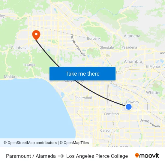 Paramount / Alameda to Los Angeles Pierce College map