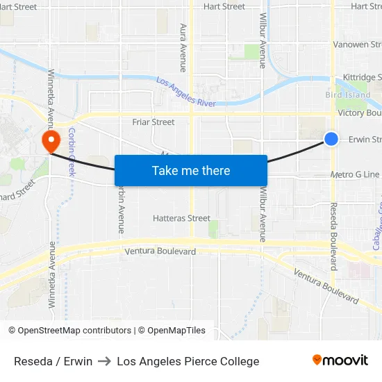 Reseda / Erwin to Los Angeles Pierce College map