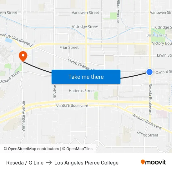 Reseda / G Line to Los Angeles Pierce College map