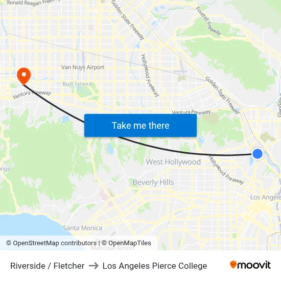 Riverside / Fletcher to Los Angeles Pierce College map
