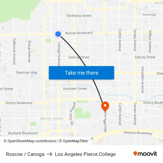 Roscoe / Canoga to Los Angeles Pierce College map