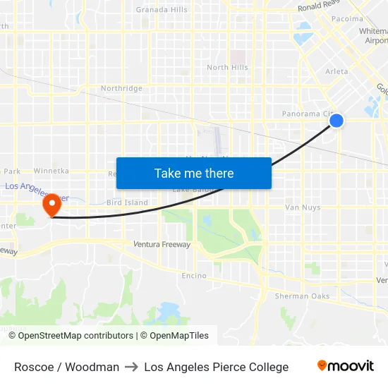 Roscoe / Woodman to Los Angeles Pierce College map