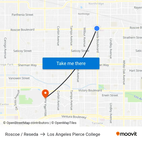 Roscoe / Reseda to Los Angeles Pierce College map