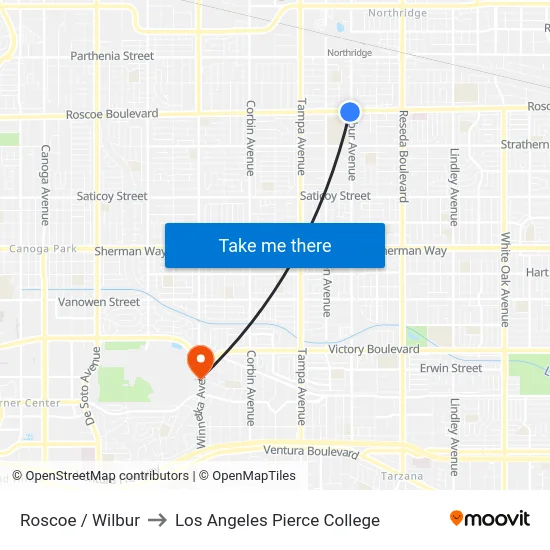 Roscoe / Wilbur to Los Angeles Pierce College map
