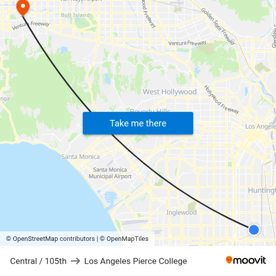 Central / 105th to Los Angeles Pierce College map