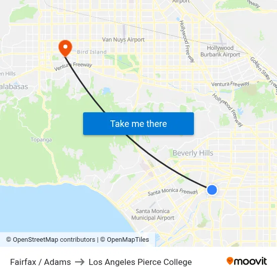 Fairfax / Adams to Los Angeles Pierce College map