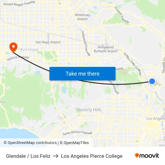 Glendale / Los Feliz to Los Angeles Pierce College map