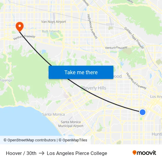 Hoover / 30th to Los Angeles Pierce College map
