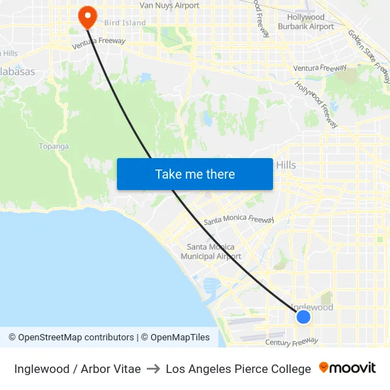 Inglewood / Arbor Vitae to Los Angeles Pierce College map