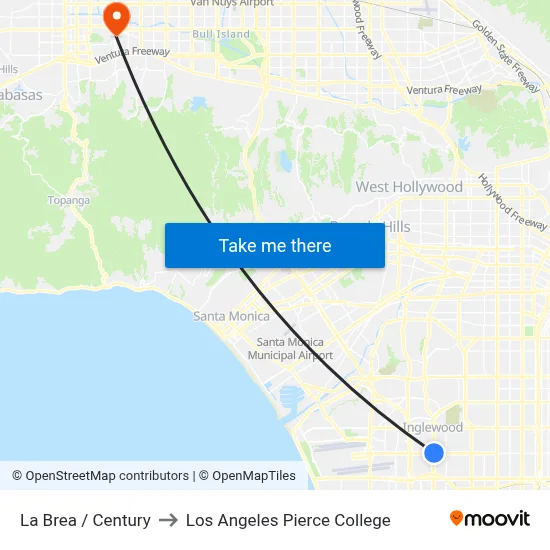 La Brea / Century to Los Angeles Pierce College map