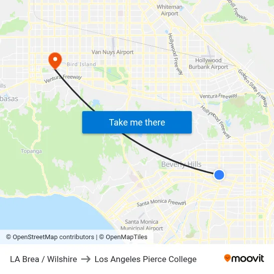 LA Brea / Wilshire to Los Angeles Pierce College map