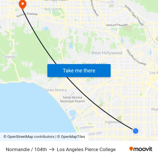 Normandie / 104th to Los Angeles Pierce College map