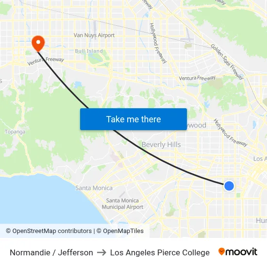Normandie / Jefferson to Los Angeles Pierce College map