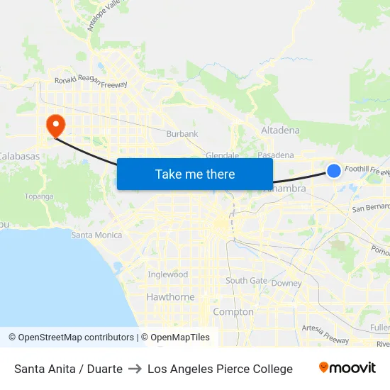 Santa Anita / Duarte to Los Angeles Pierce College map