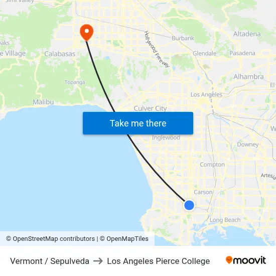 Vermont / Sepulveda to Los Angeles Pierce College map