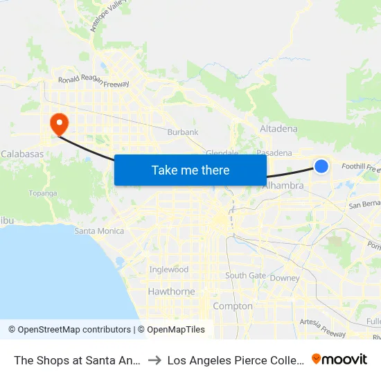 The Shops at Santa Anita to Los Angeles Pierce College map