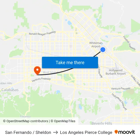 San Fernando / Sheldon to Los Angeles Pierce College map